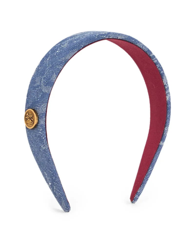Etro Cotton And Linen Jacquard Denim Hair Band With Leafy Motif Blue