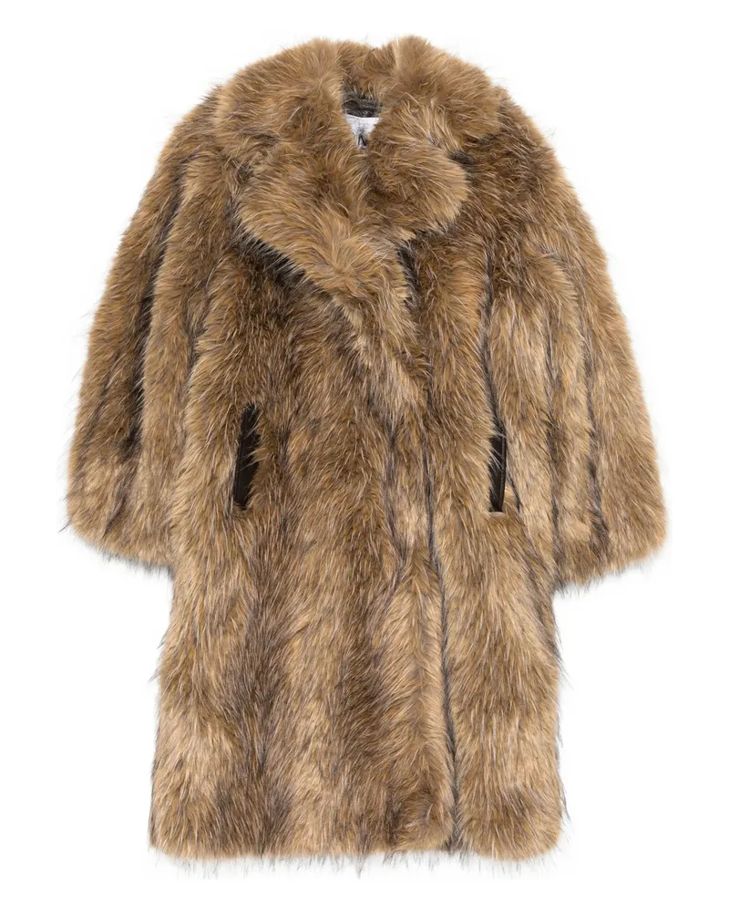 Ganni Notched-lapel Faux-fur Coat Neutrals