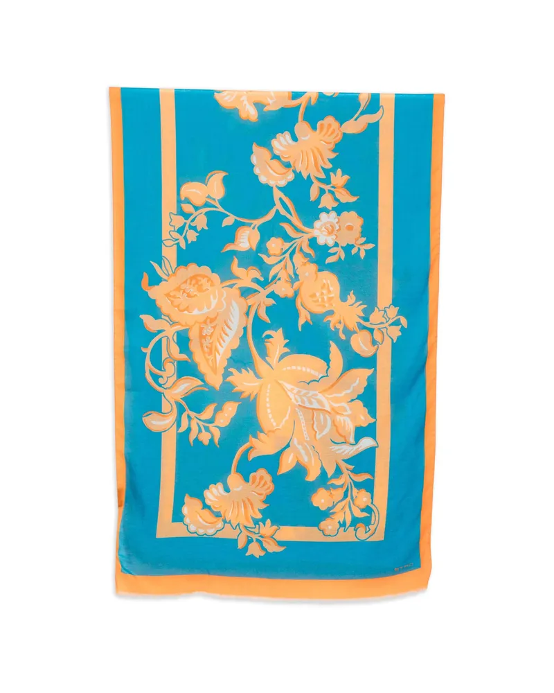 Etro Floral Border Scarf Blue