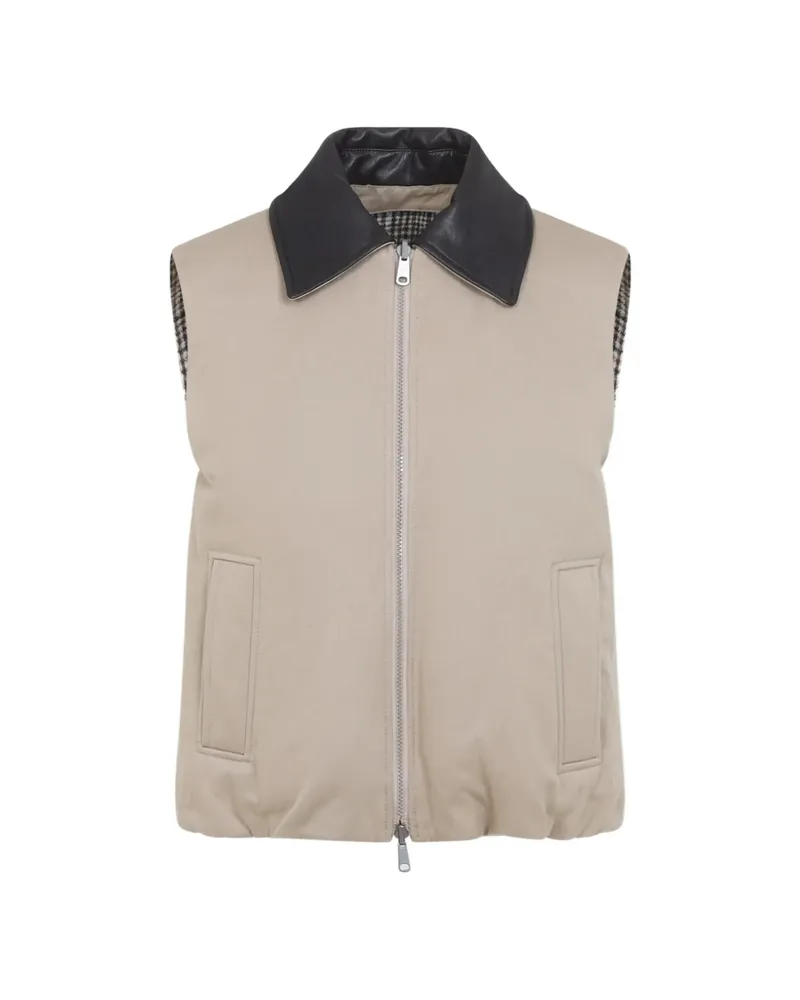 Brunello Cucinelli Twill And Prince-of-Wales Reversible Down Vest With Detachable-leather-collar And Monili Neutrals