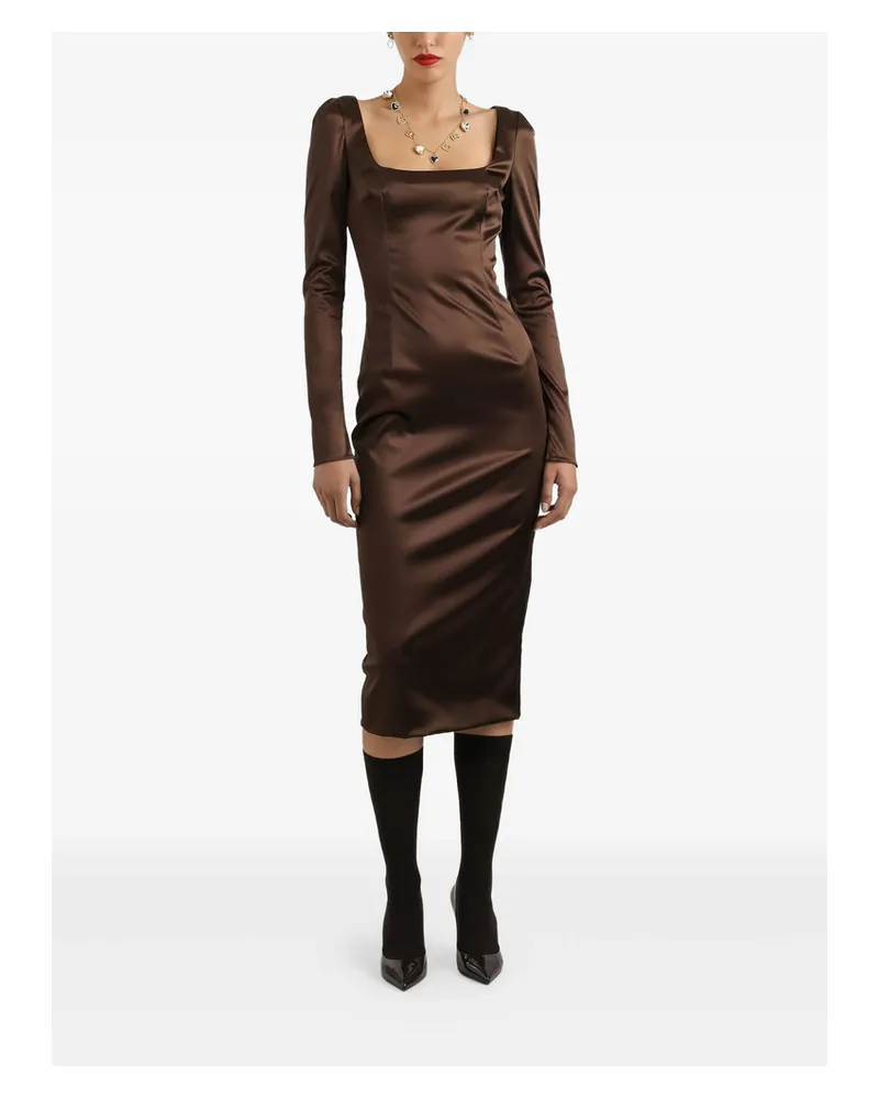 Dolce & Gabbana Square-neck Satin Midi Dress Brown