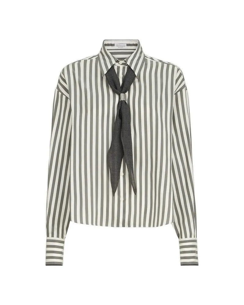 Brunello Cucinelli Striped Silk Poplin Shirt With Virgin Wool Foulard White