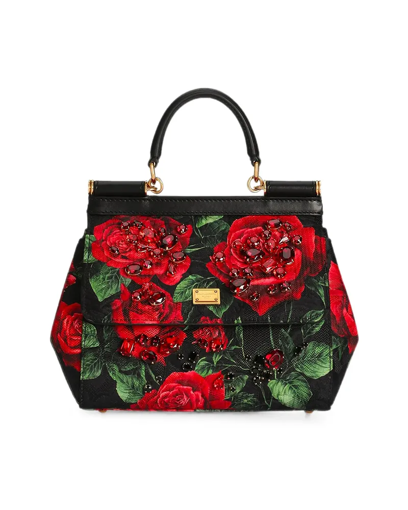 Dolce & Gabbana Medium Sicily Rose-print Crystal-embellished Tote Bag Black