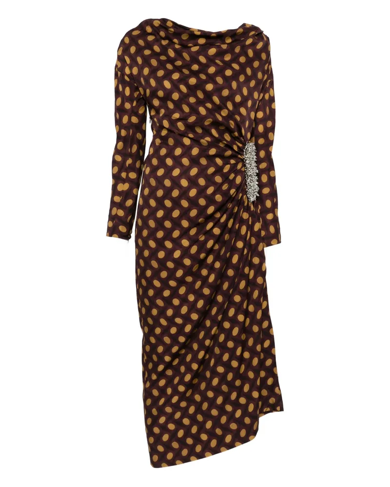 Dries van Noten Polka-dot Draped Asymmetric Dress Brown