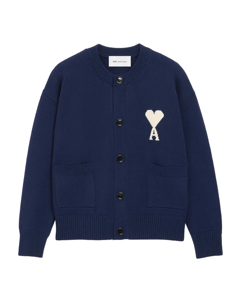 AMI Paris Ami De Coeur Intarsia Crewneck Cardigan Blue