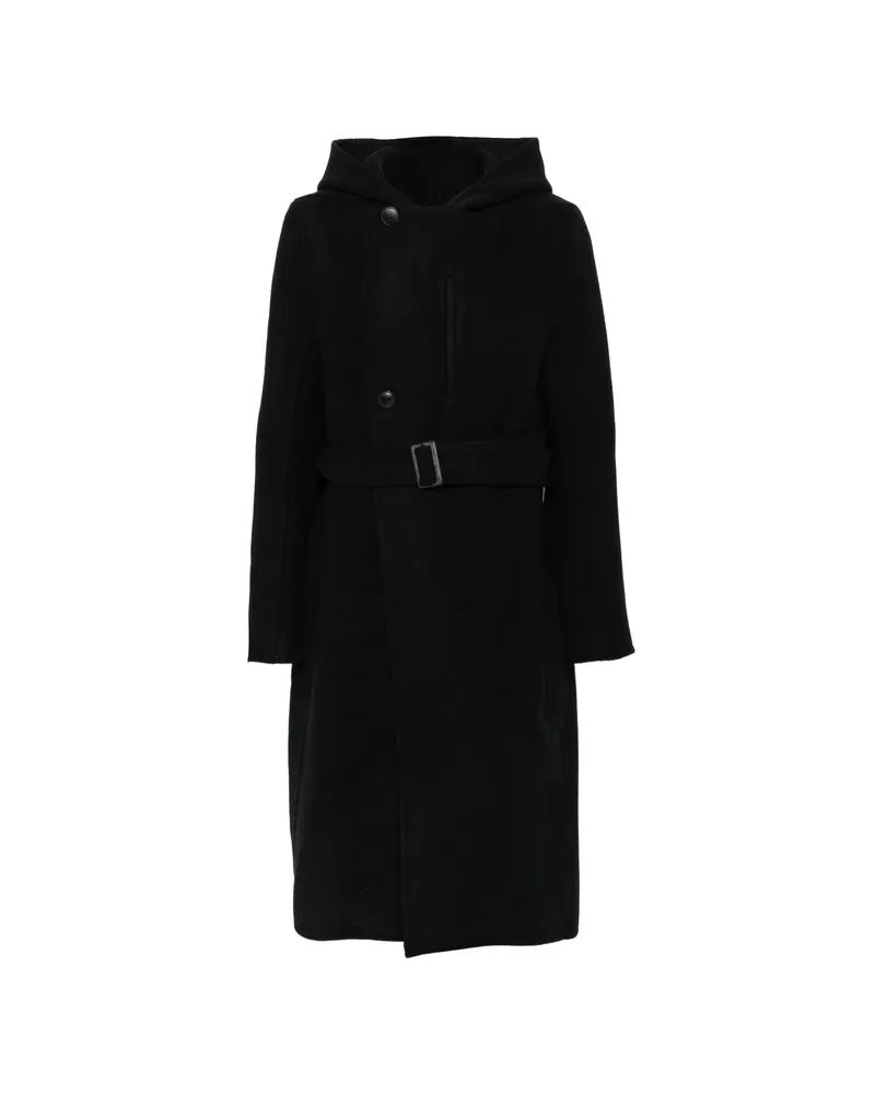 Rick Owens Belted Hooded Single Breasted Coat Black