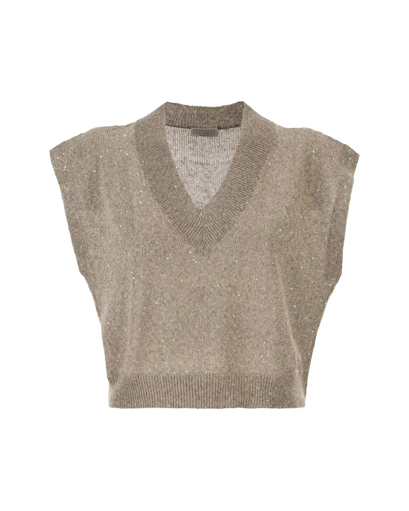 Brunello Cucinelli Sequinned V-neck Top Neutrals