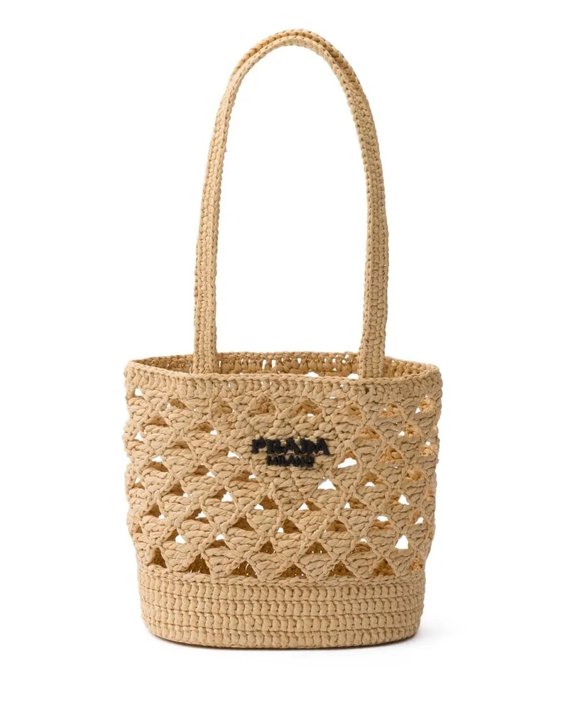 Prada Logo-embroidered Crochet Shoulder Bag Neutrals