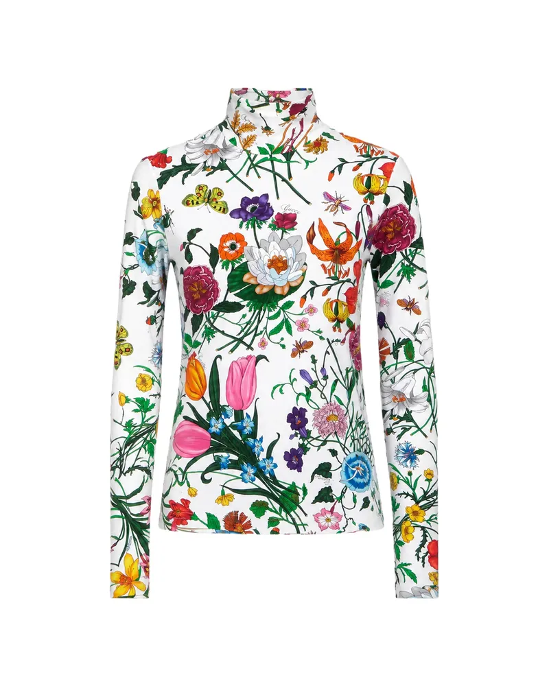 Gucci Flora-print High-neck T-shirt White