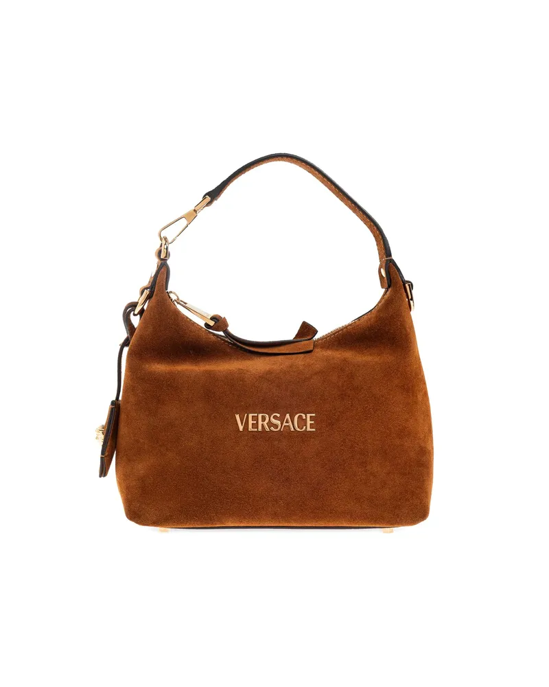 Versace Logo-lettering Suede Tote Bag Brown