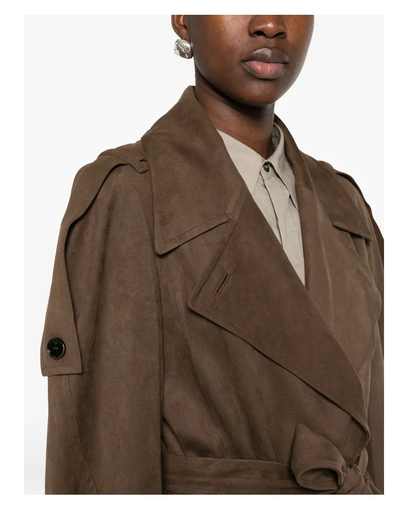 LOW CLASSIC Belted Faux-suede Coat Brown