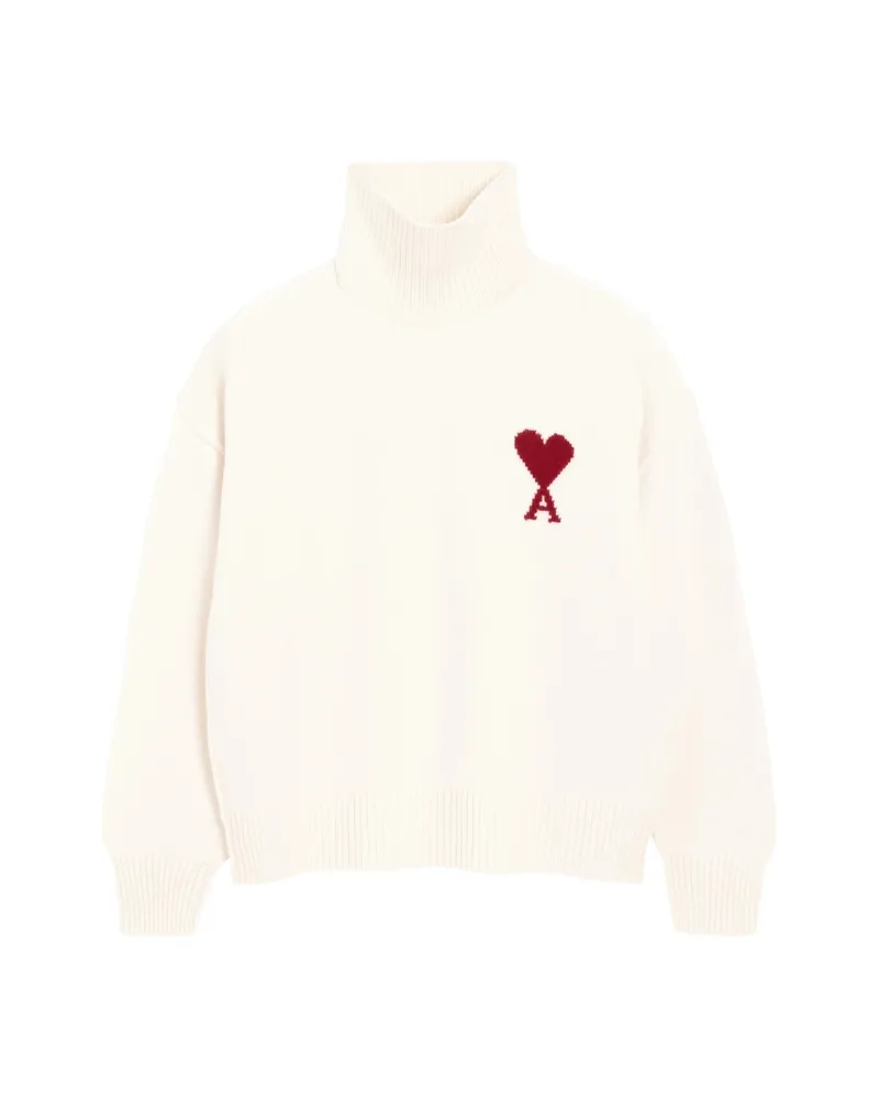 AMI Paris Natural Funell Neck Wool Sweater With Ami De Coeur Neutrals