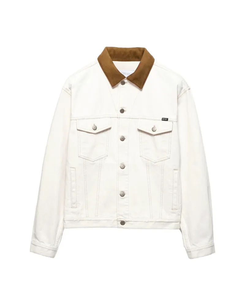 Prada Old Denim Jacket With Leather Details Neutrals