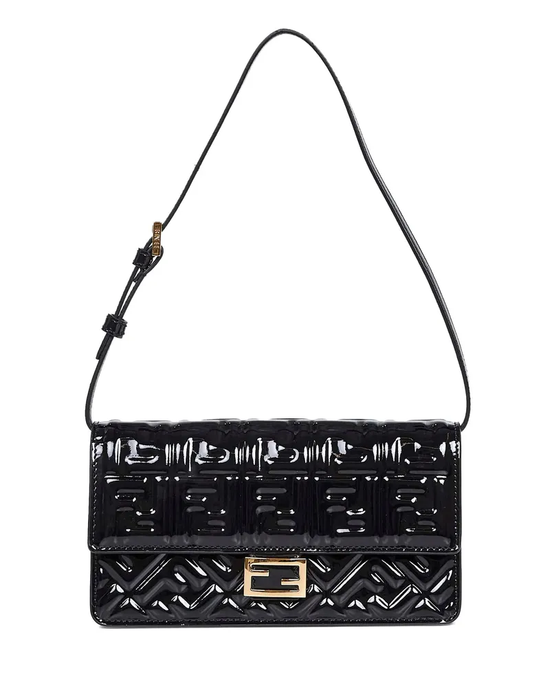 Fendi Foldover Embossed Top Cross Bag Black