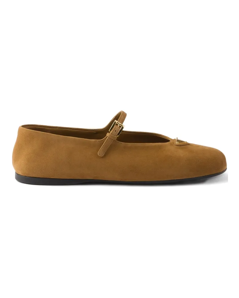 Prada Buckle Strap Suede Ballerinas Brown