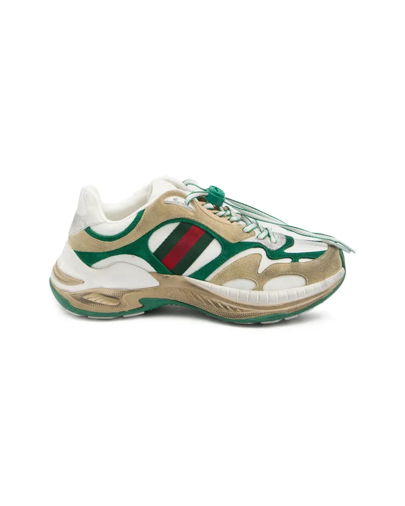 Gucci Drawstring Stripe Leather Sneakers Neutrals