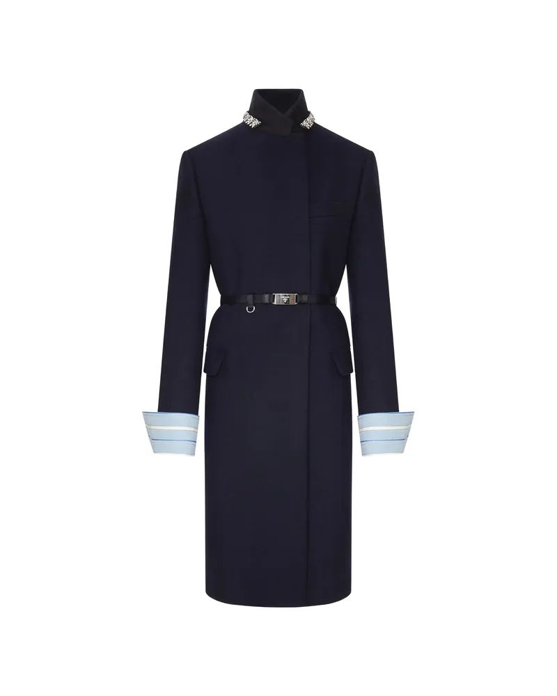 Prada LONG WOOL COAT WITH BELT AND JEWEL COLLAR Blue