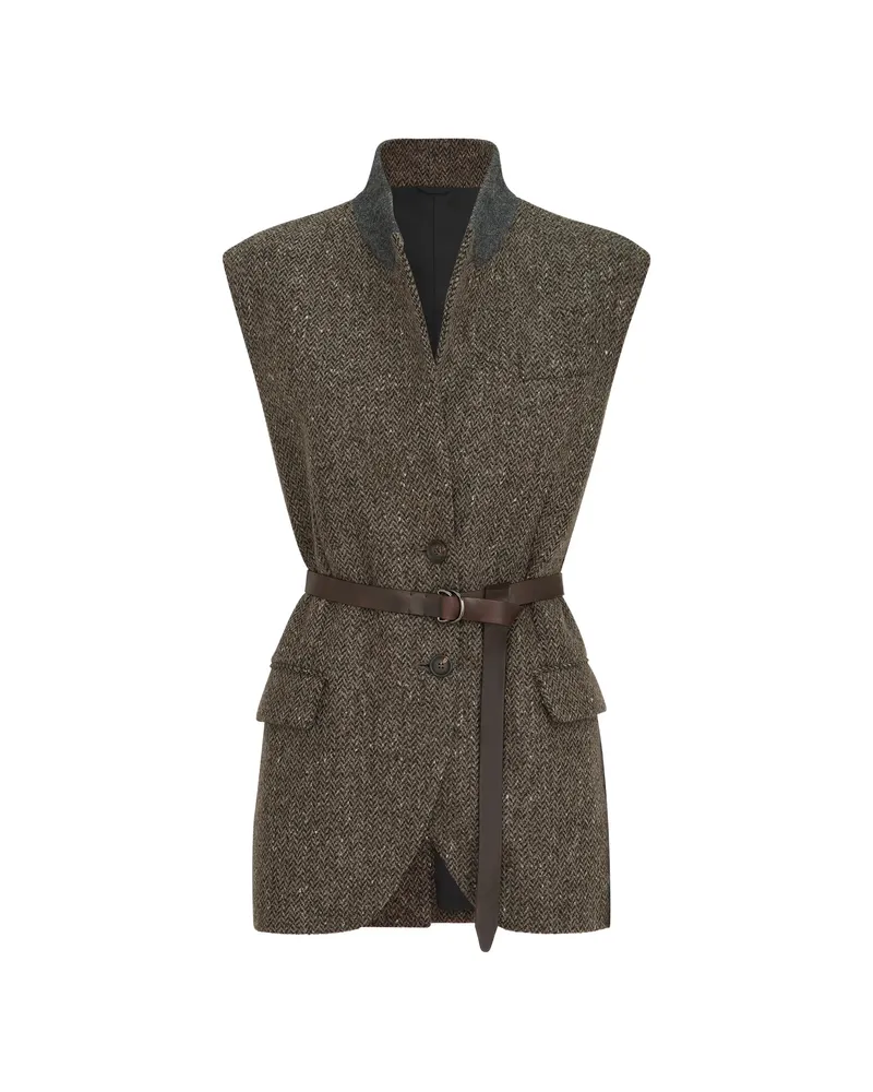 Brunello Cucinelli Herringbone Belted Vest Brown