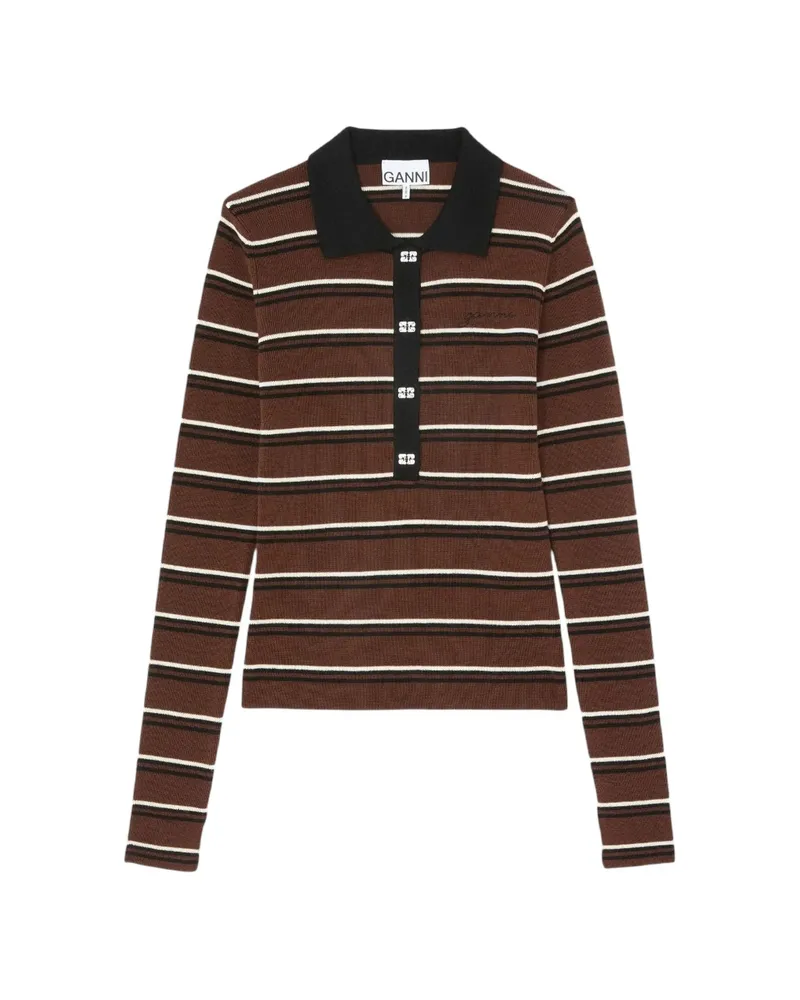 Ganni Striped Button-embellished Polo Shirt Brown