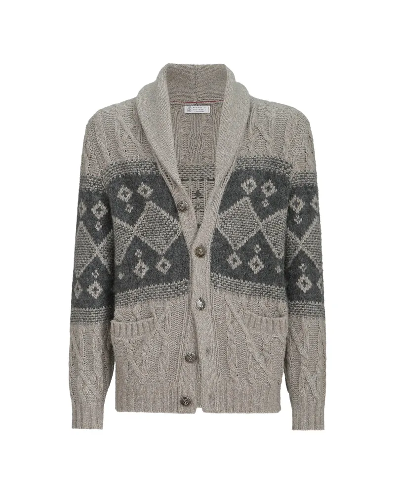 Brunello Cucinelli Virgin-wool, Silk And Cashmere Chiné Cable-knit Cardigan With Intarsia Grey