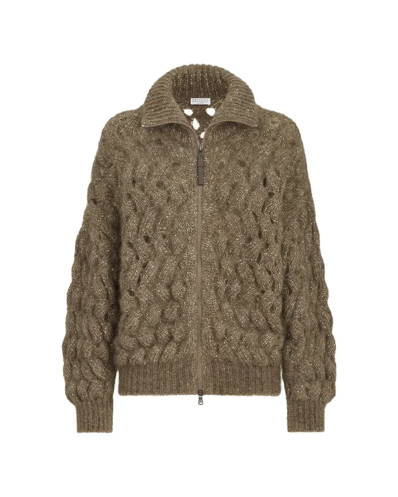 Brunello Cucinelli Dazzling Zigzag Cables Cardigan In Mohair And Wool Brown