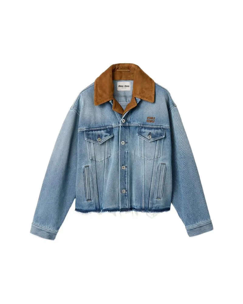 Miu Miu Leather-collar Raw-hem Denim Jacket Blue