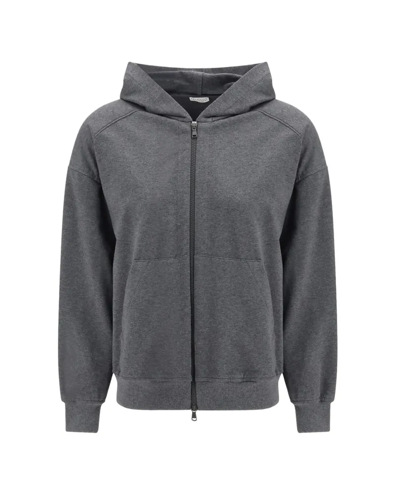 Brunello Cucinelli Stretch Cotton Lightweight French Terry Hoodie With Zipper And Shiny Trims Grey