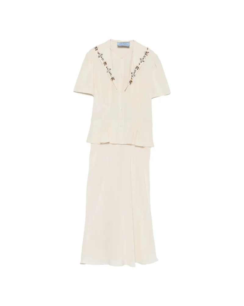 Prada Crystal-embellished Peplum-waist Midi Dress Neutrals