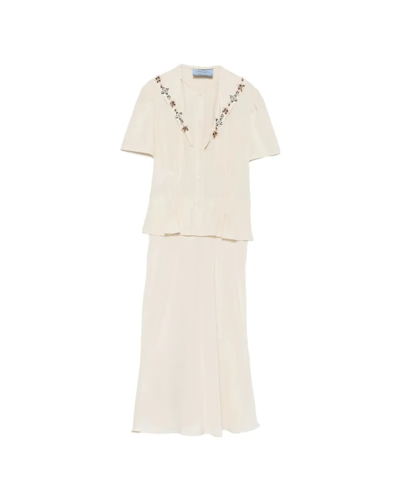 Prada Crystal-embellished Peplum-waist Midi Dress Neutrals