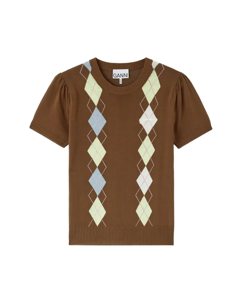 Ganni Argyle-pattern Puff-sleeve T-shirt Brown