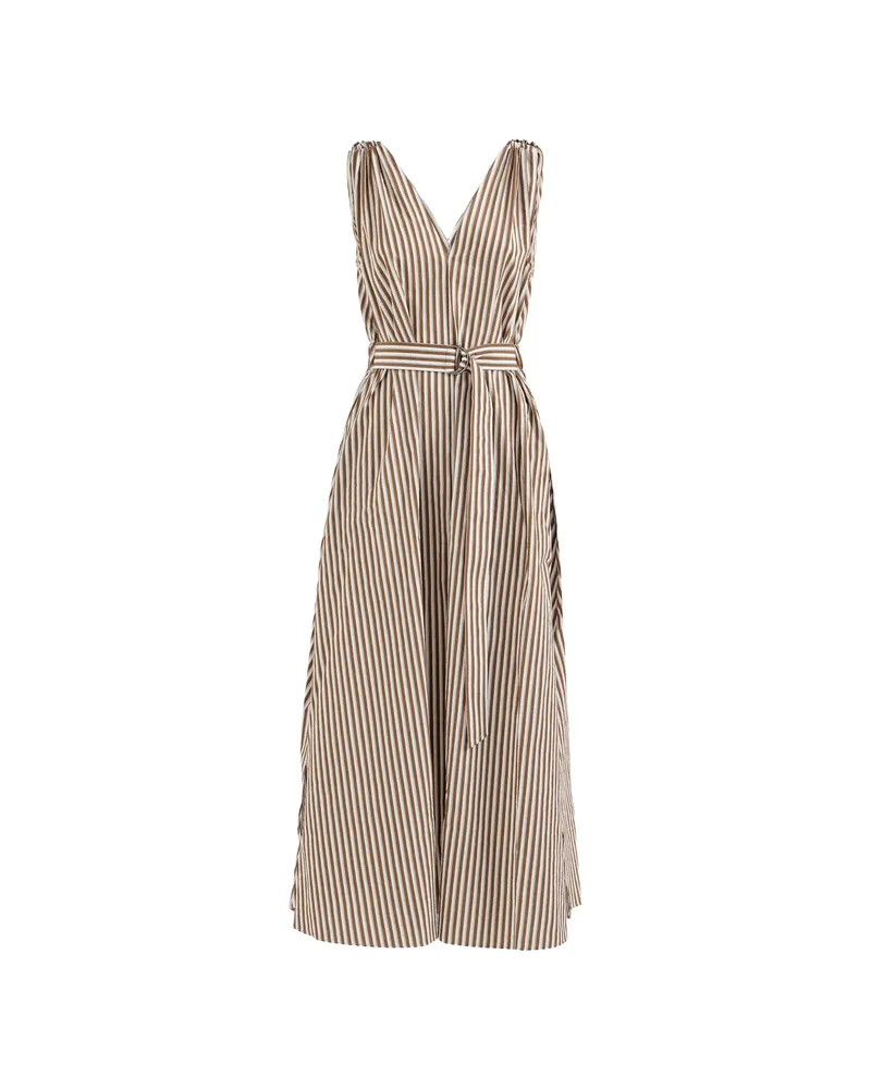 Brunello Cucinelli Striped Belted Midi Dress Brown