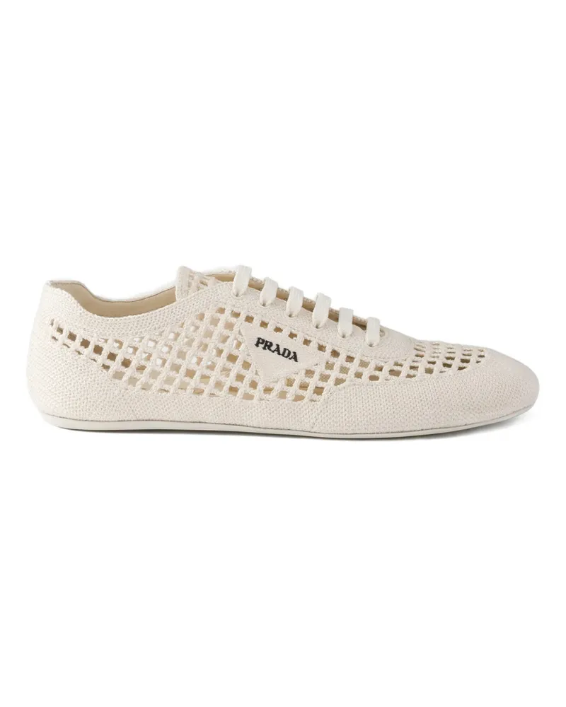 Prada Crochet Round-toe Lace-up Sneakers Neutrals