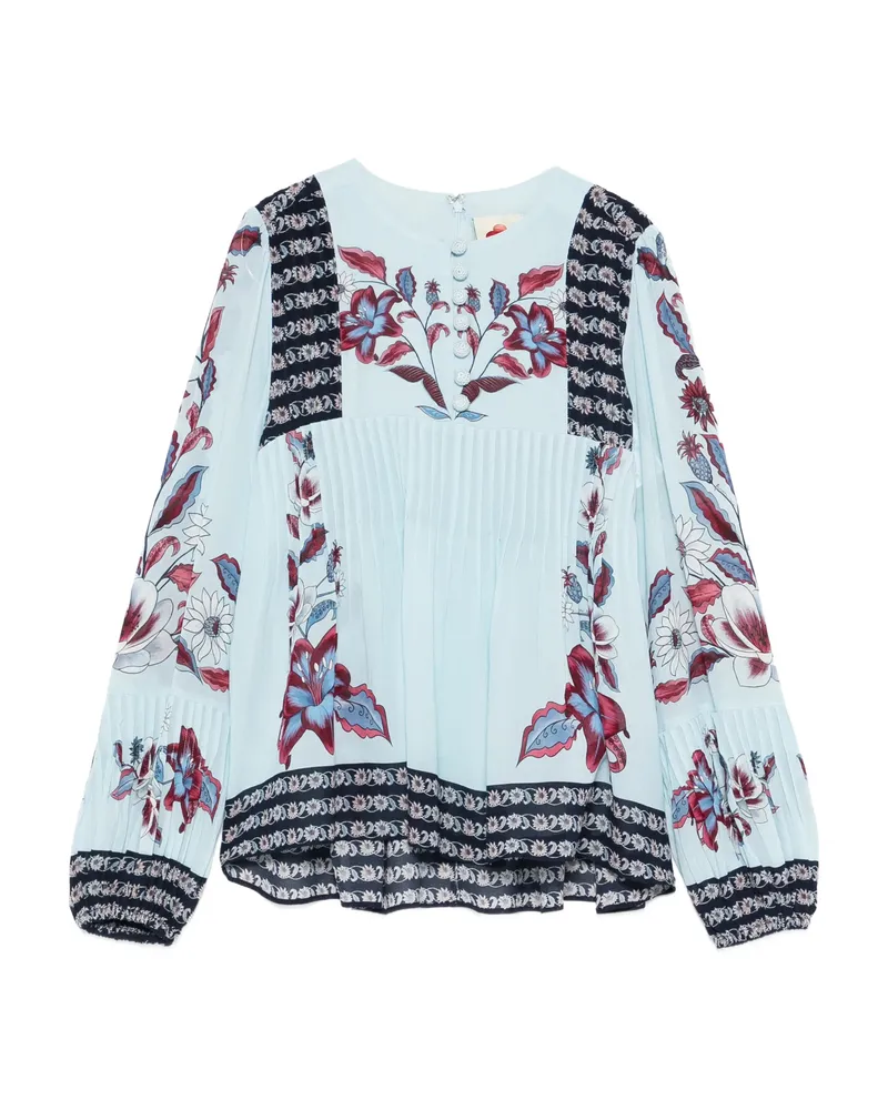 FARM Rio Marcelle Floral-print Pleated Blouse Blue