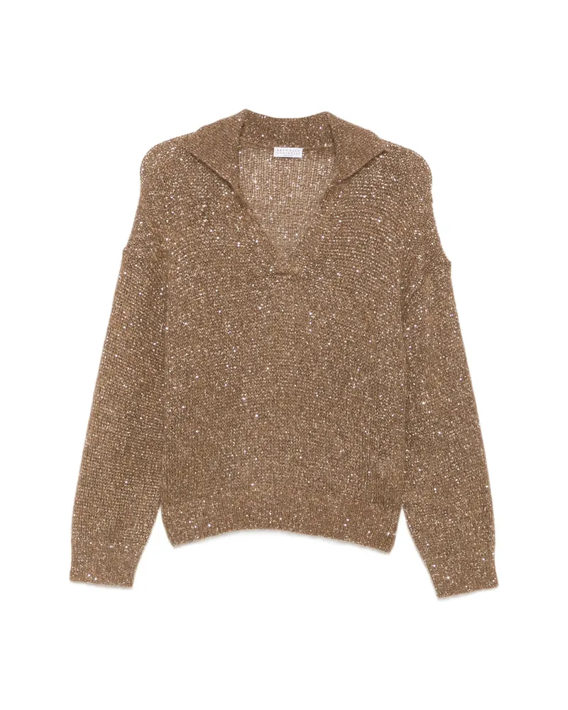 Brunello Cucinelli Sequin-embellished Polo-collar Sweater Brown