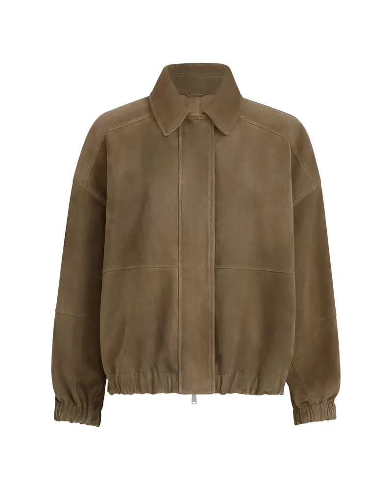 Brunello Cucinelli Couture Suede Outerwear Jacket With Shiny Zipper Pull Brown