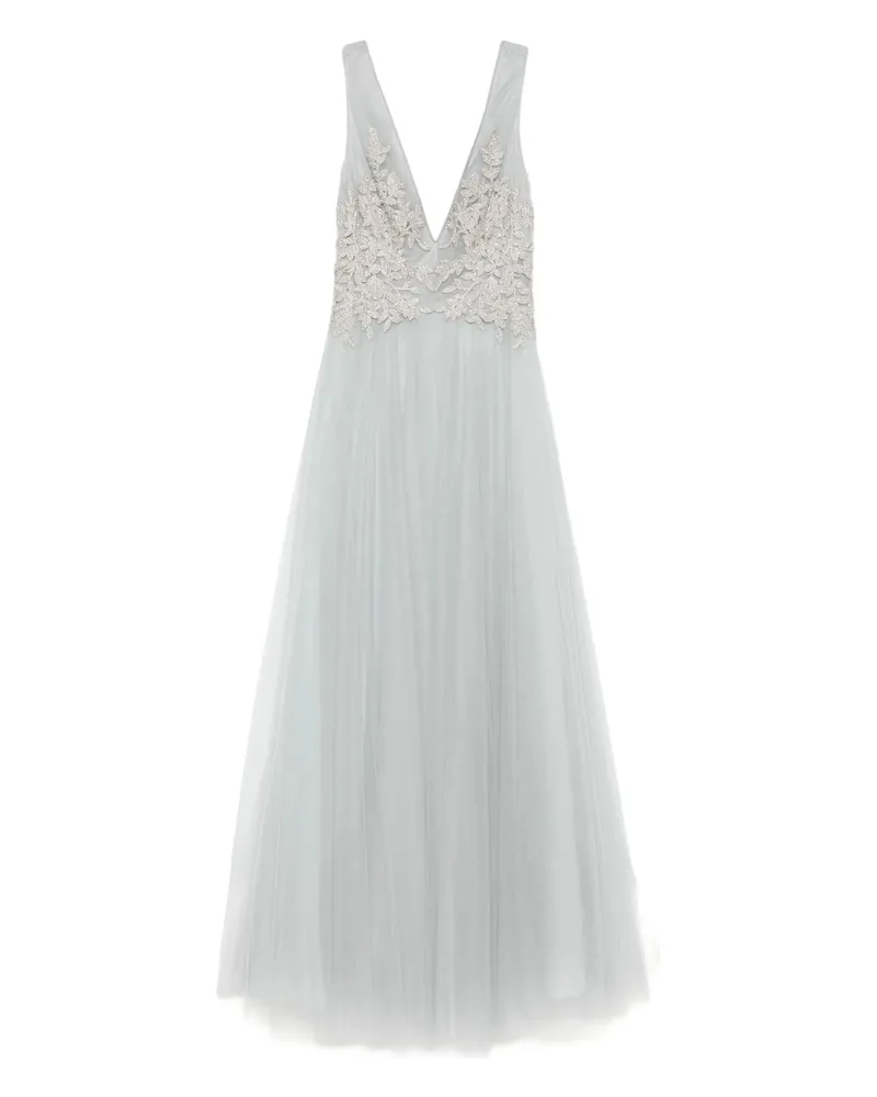 COSTARELLOS Embellished V-neck Tulle Maxi Dress Blue