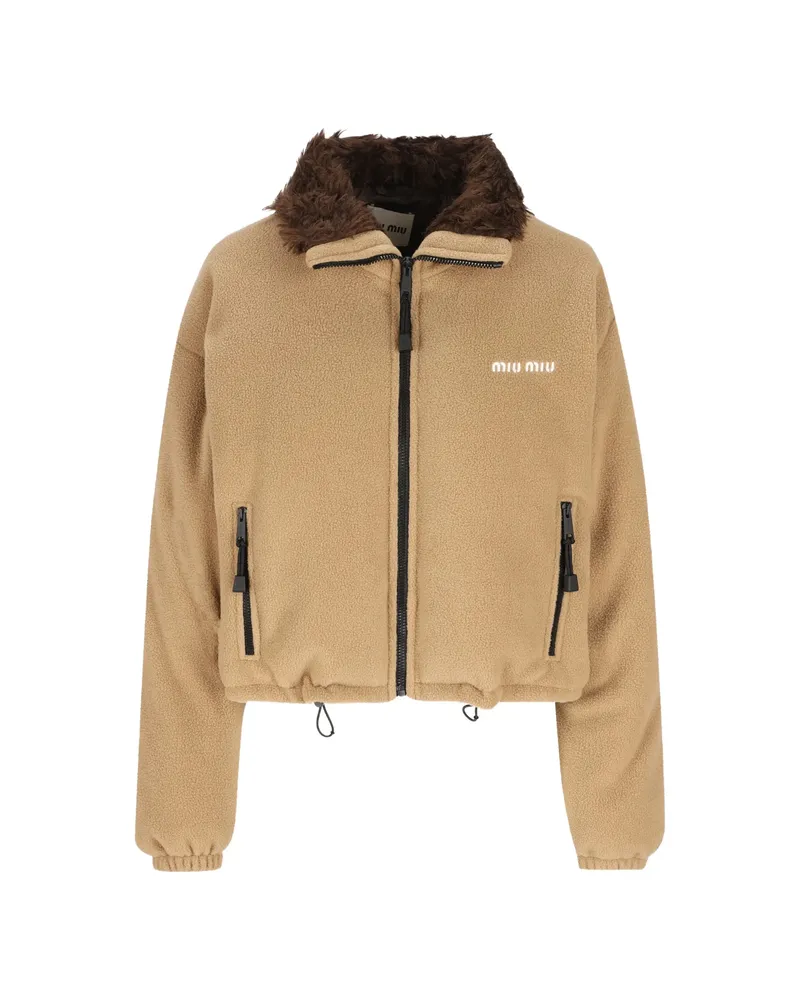 Miu Miu Logo-embroidered Fleece Jacket Neutrals