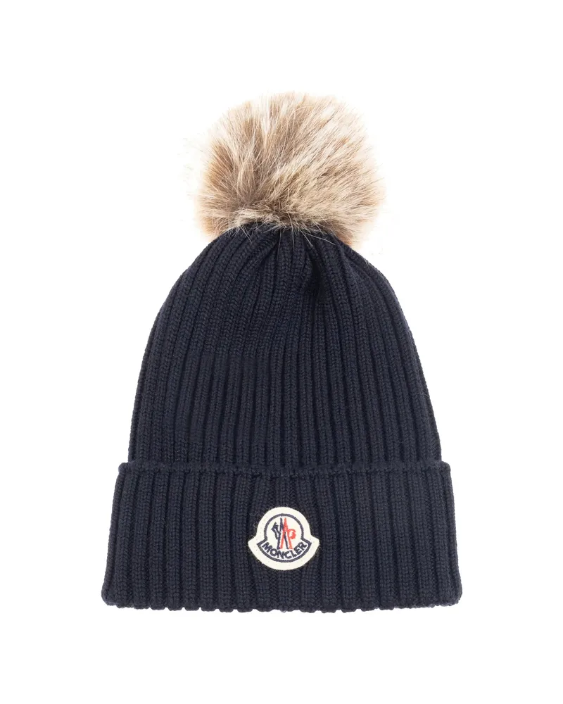 Moncler Pompom-detail Ribbed-knit Beanie Hat Blue