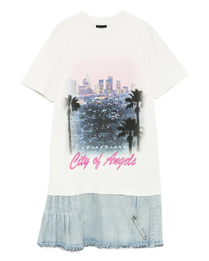 Balenciaga Graphic-print Pleated Denim Dress White