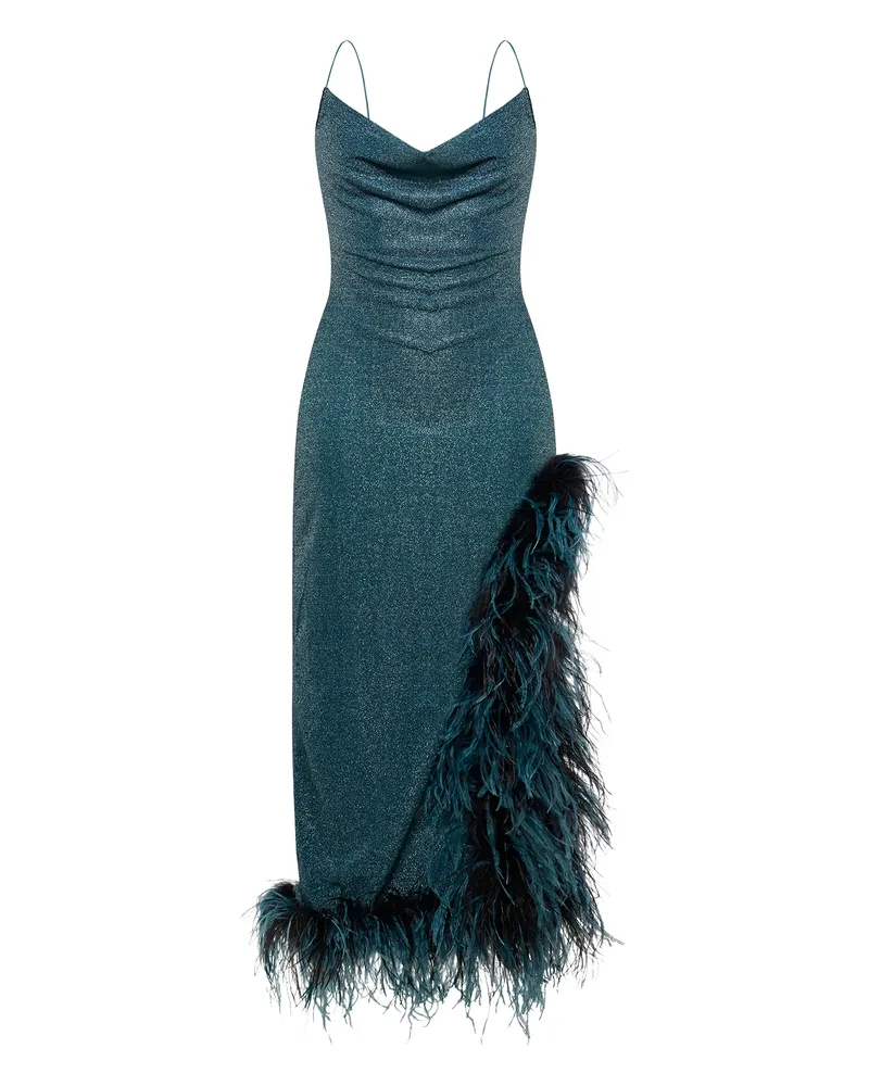 Oséree Lumière Plumage Cowl-neck Asymmetric Dress Blue