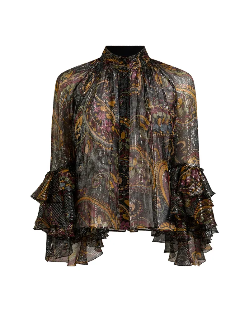 Etro Silk Shirt With Ruffle And Striped Floral Paisley Motif Black