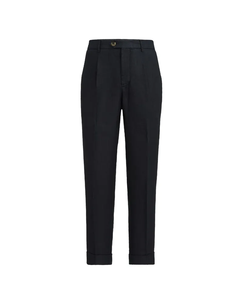 Brunello Cucinelli Garment-dyed Trousers In Linen Gabardine With Pleat Blue