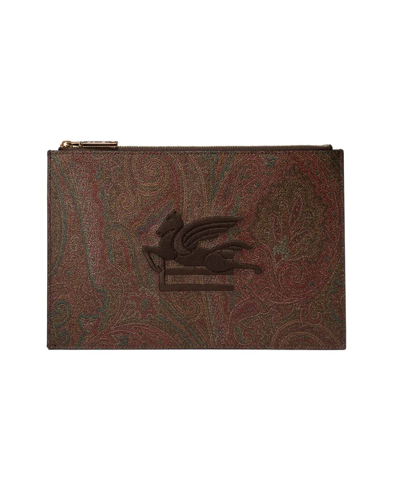 Etro Logo Embroidered Clutch Bag Brown