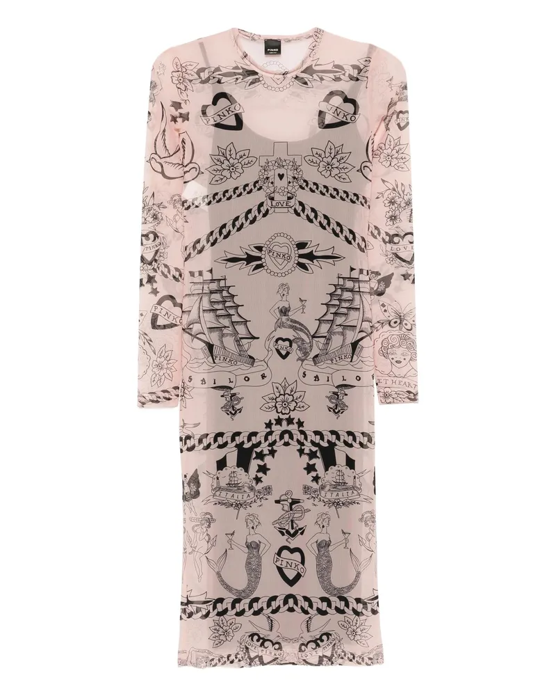 Pinko Printed Mesh Midi Dress Neutrals