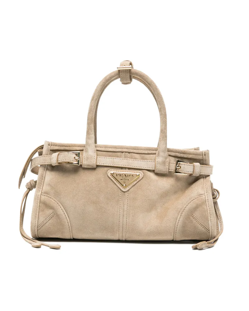 Prada Buckle Suede Tote Bag Neutrals