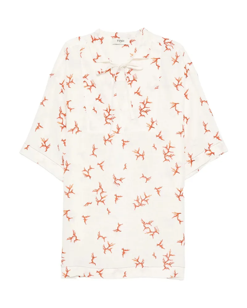 Fendi Coral-print Tie-neck Mini Dress White