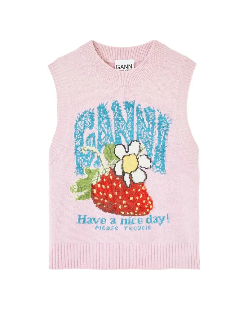 Ganni Strawberry-motif Intarsia-knit Vest Pink