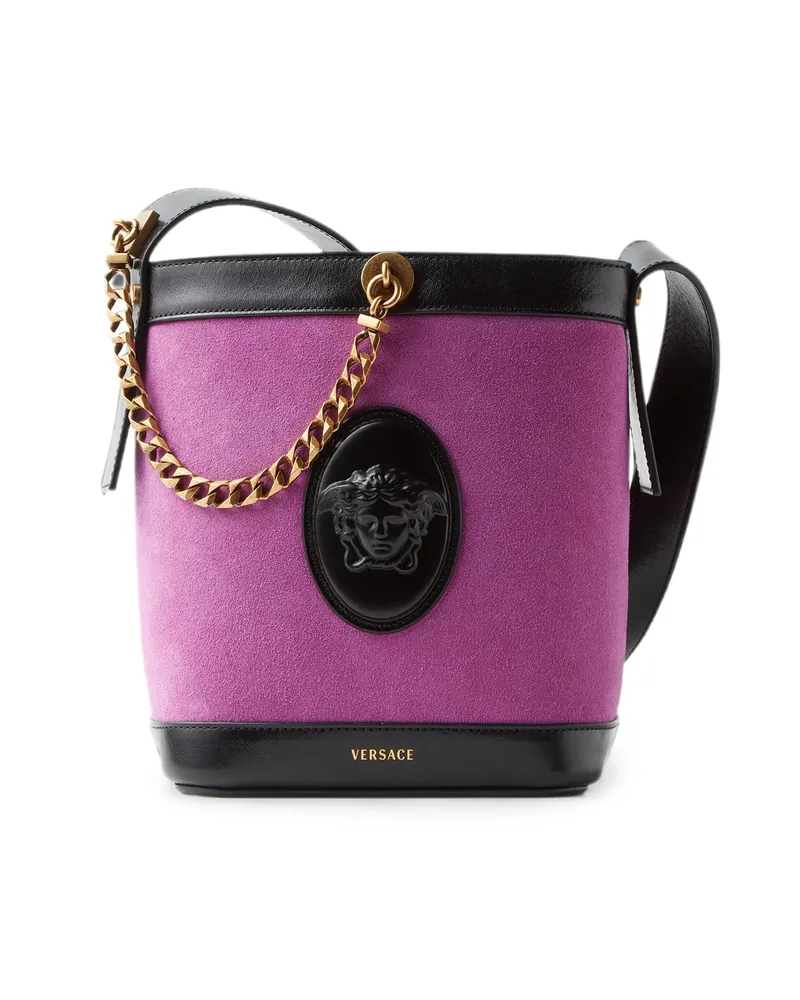 Versace Pivot Mini Suede Bucket Bag Purple