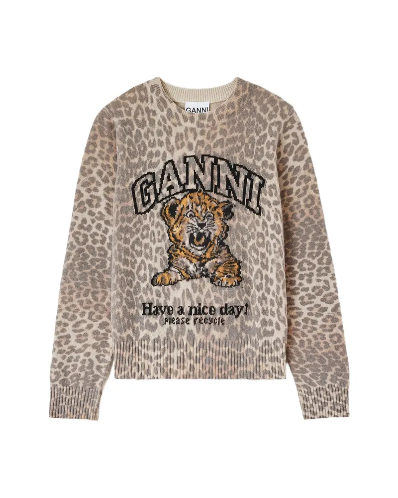Ganni Leopard-intarsia Sweater Neutrals