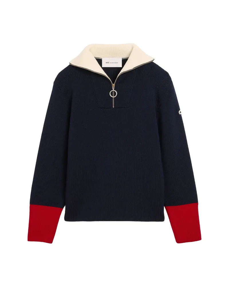 AMI Paris Zipped Collar Wool Sweater Blue